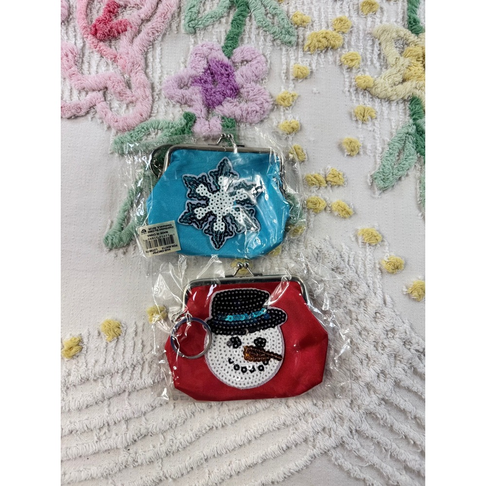 DMM Christmas Coin Purse Keychain Set Snowman Snowflake Sequin Kiss Lock 2 Pack